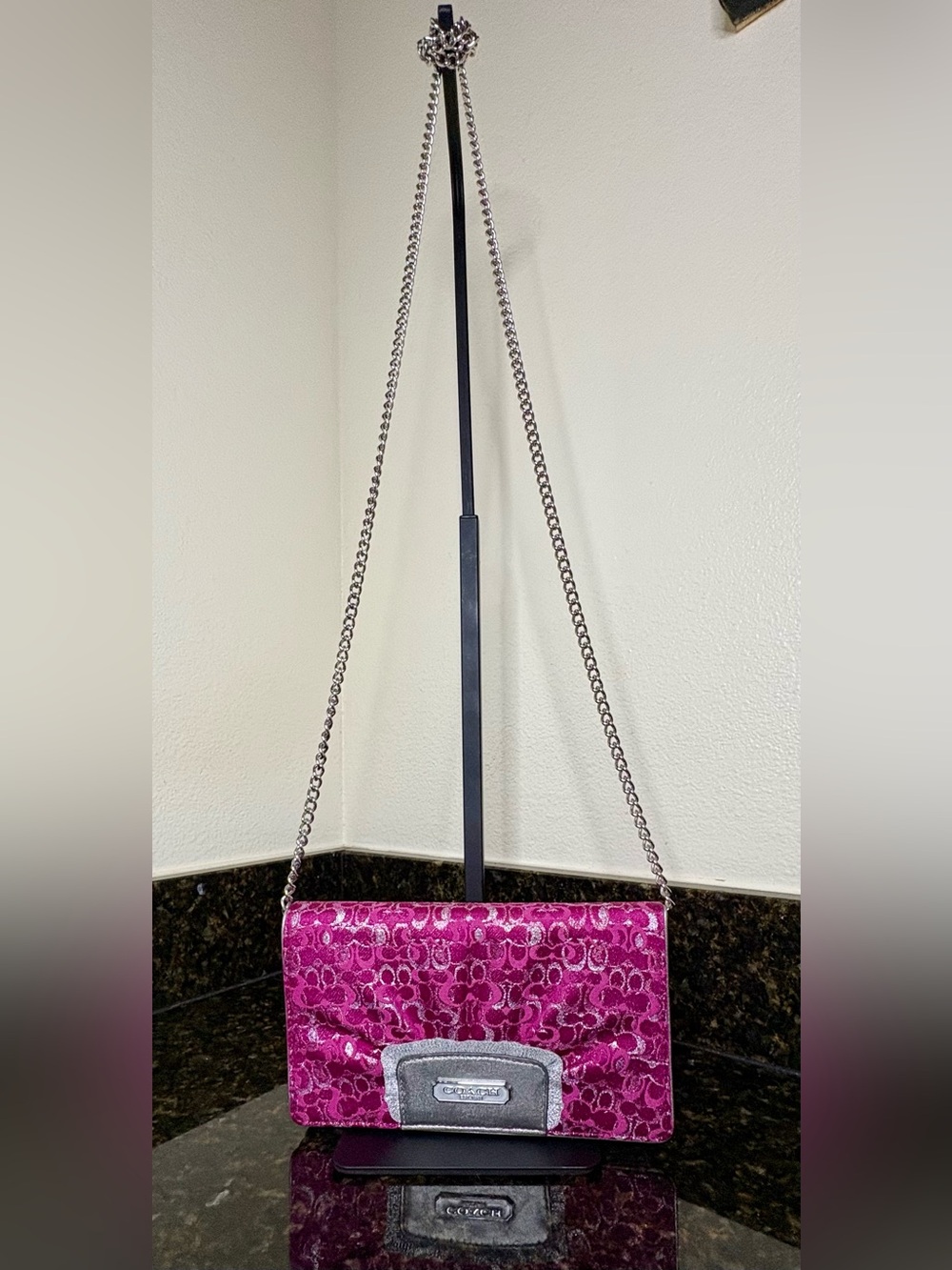 Coach Magenta Optic Art Lurex Clutch Crossbody with Silver Chain
